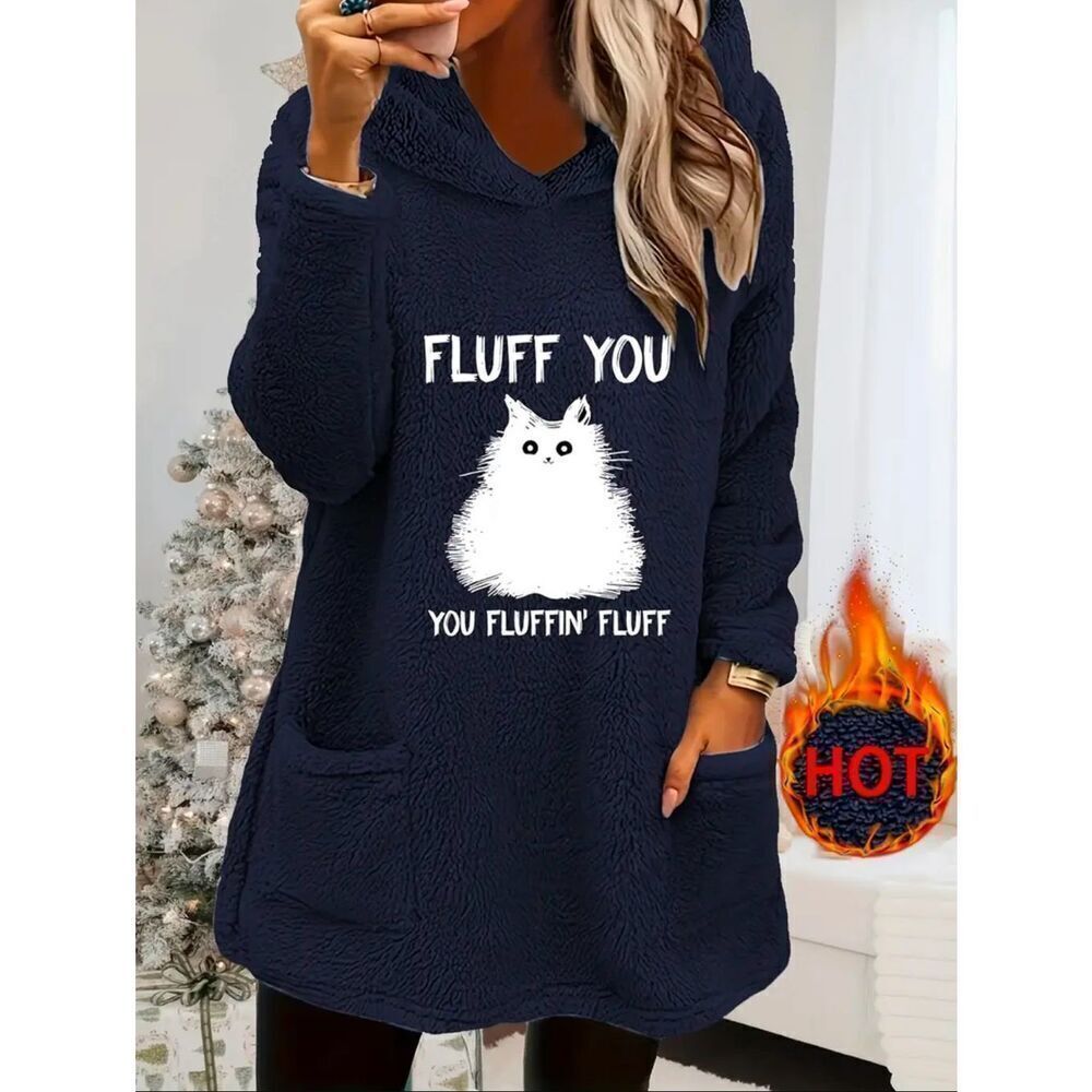 NWT XXL Navy Blue White Cat “YOU FLUFFING FLUFF Teddy Hoodie Pockets Sweatshirt